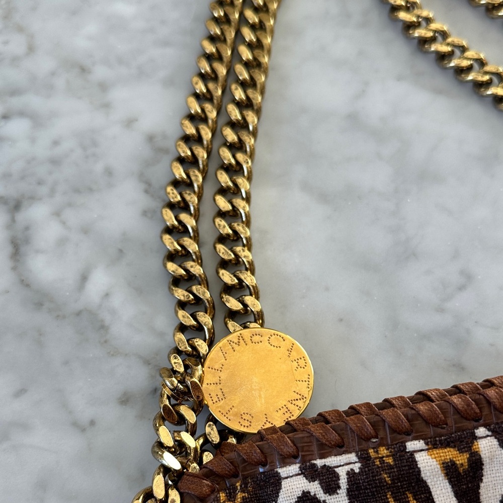 Stella McCartney - Brown Yellow Leopard Print on Cream Canvas Bag & Gold Chain - Picture 11 of 17